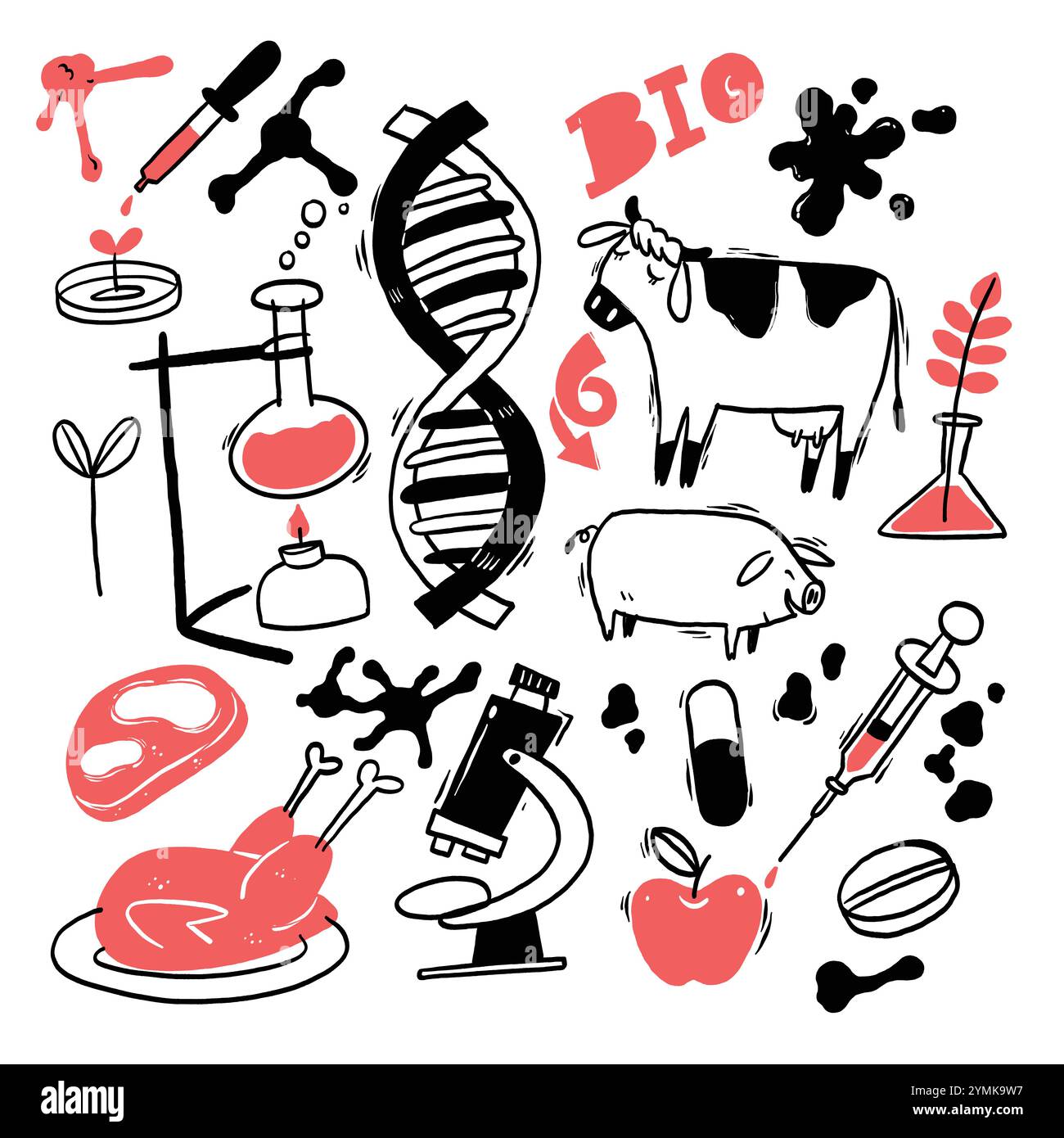 L'image contient diverses illustrations liées à la biologie et à la biotechnologie. Au centre de l'image se trouve une double hélice d'ADN, symbolisant la génétique. Ha Illustration de Vecteur