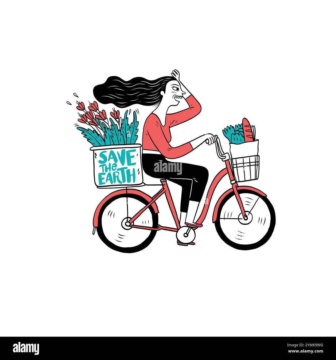 Une femme sur un vélo rouge avec un panneau « Sauvez la Terre » et des fleurs dans le panier favorise une vie écologique et un transport durable. Un emb joyeux Illustration de Vecteur
