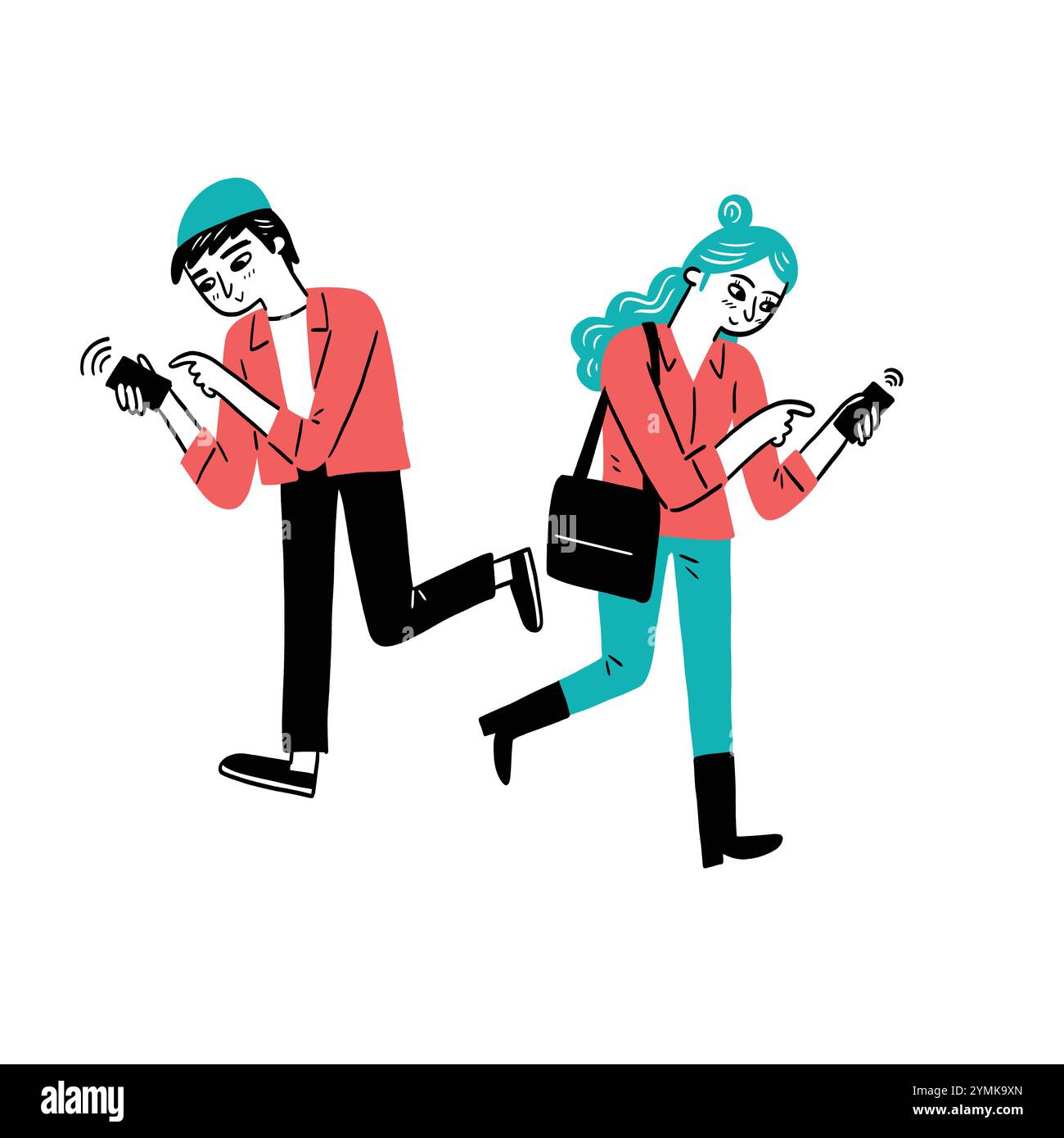 Deux personnes marchent tout en envoyant des SMS sur leur smartphone. Ils sont habillés de façon décontractée et concentrés sur leurs écrans, illustrant la communication numérique moderne. Illustration de Vecteur