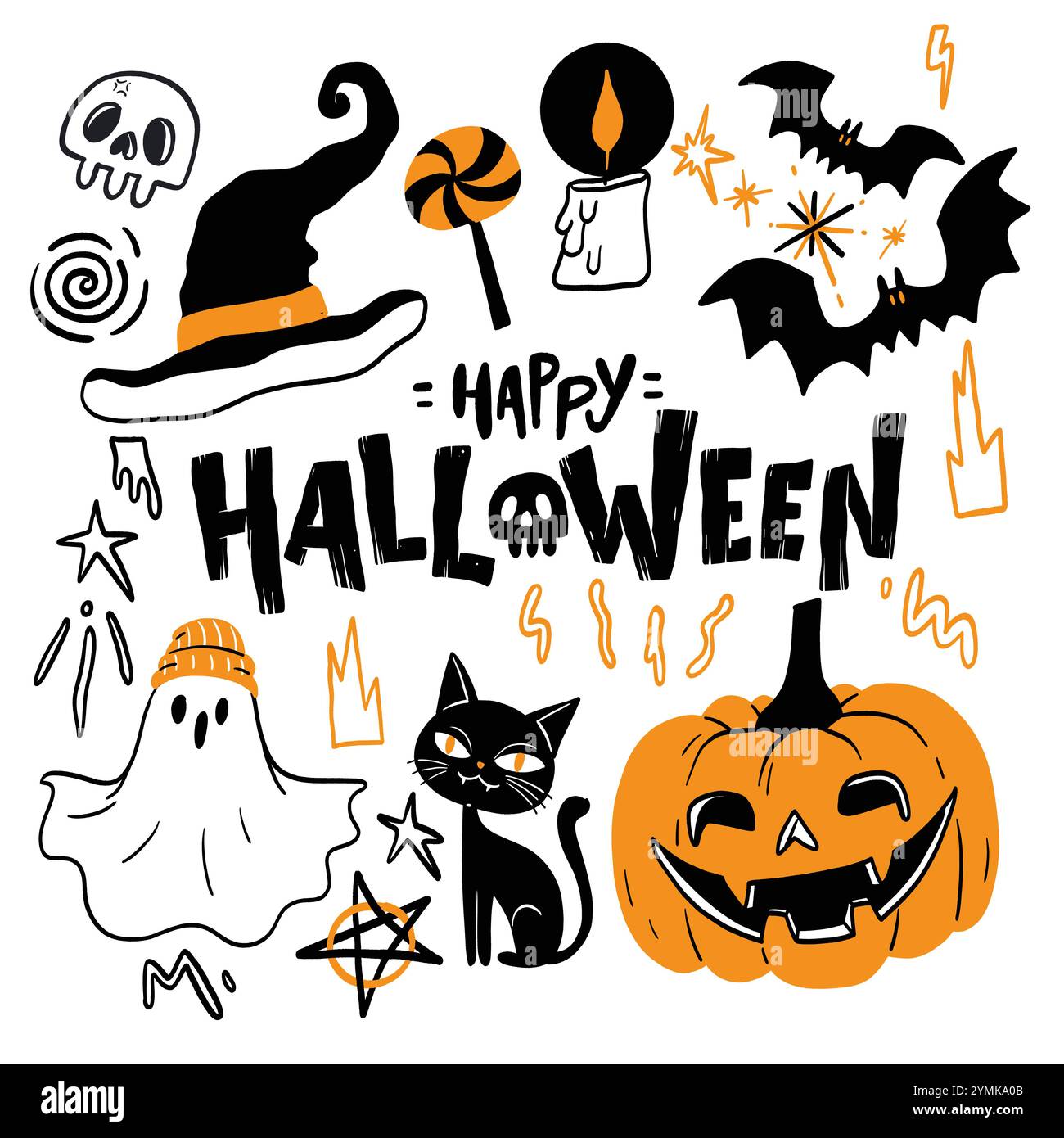 Icônes et éléments d'Halloween avec citrouilles, chauves-souris, fantômes et personnages effrayants Illustration de Vecteur