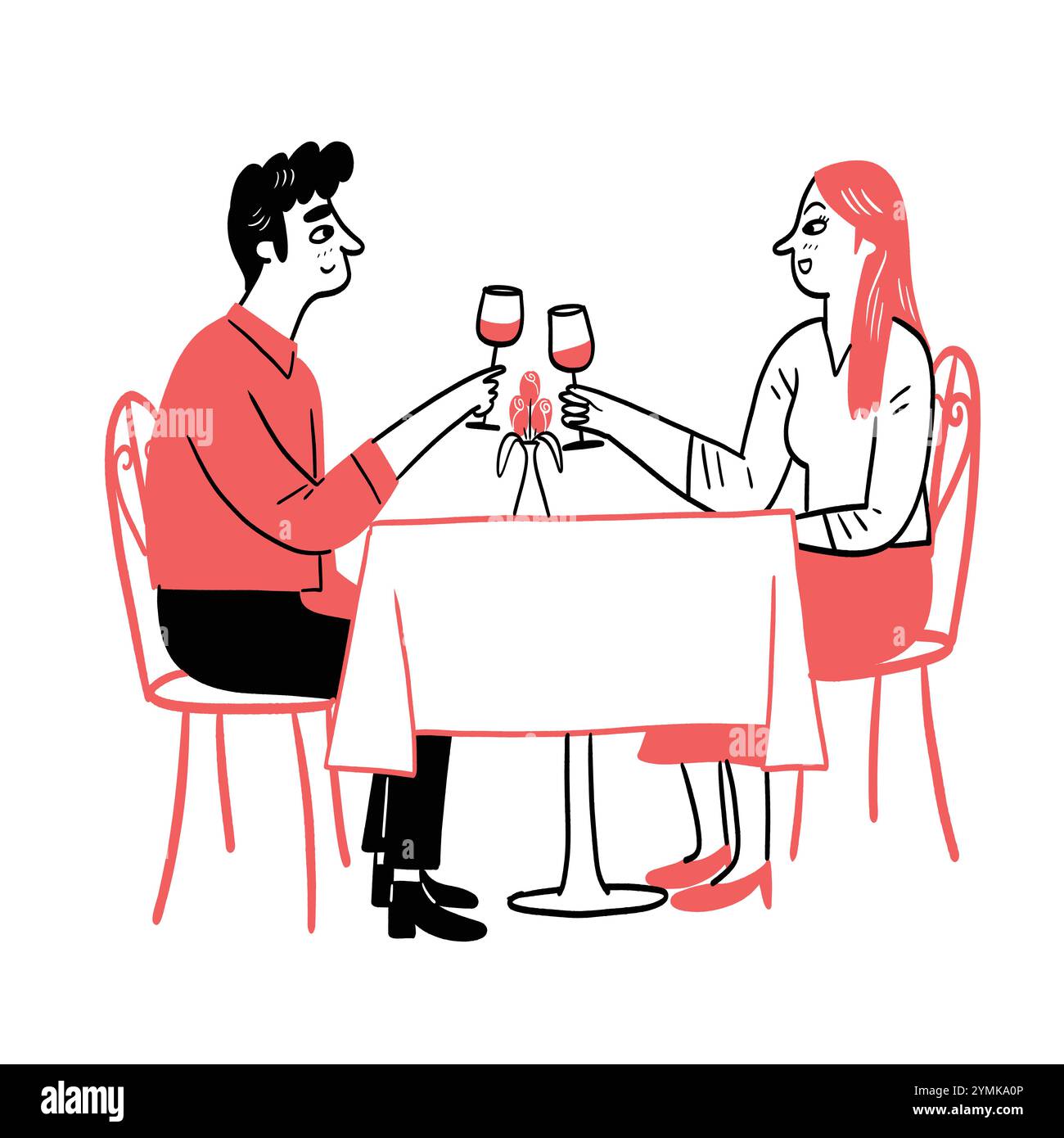 Voici un couple assis à une table avec un repas devant eux. Il y a une atmosphère romantique, comme indiqué par les petits coeurs au-dessus de leurs têtes. Elles Illustration de Vecteur