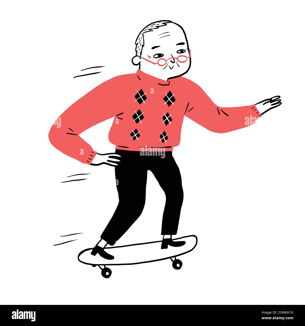 Des personnes âgées heureuses jouant au skateboard. Illustration dessinée à la main. Minimal. Noir et blanc. Illustration de Vecteur