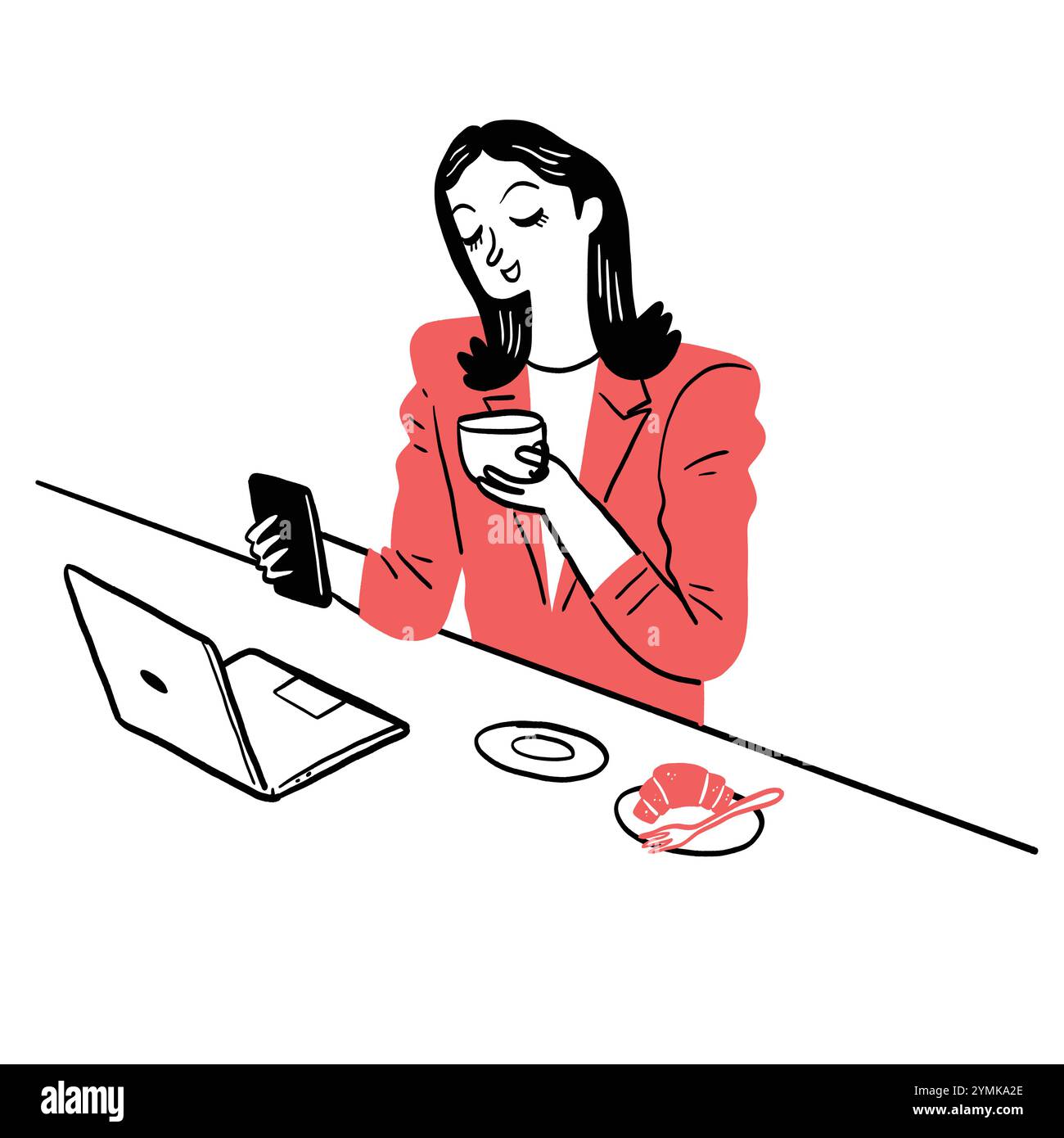 Une femme d'affaires blonde parlant au téléphone tout en étant assise dans un café avec un ordinateur portable et un café à proximité, dessinant à la main Illustration de Vecteur