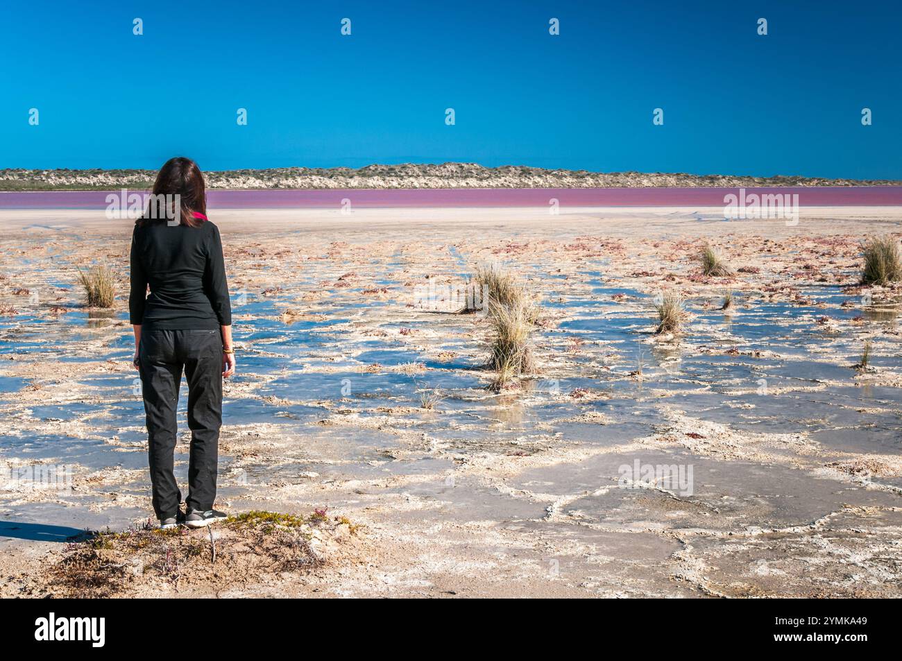 Une seule femme randonneuse touristique se tient sur un petit monticule sur le bord de sel incrusté autour d'un lac rose en Australie occidentale. Banque D'Images Une seule femme randonneuse touristique se tient sur un petit monticule sur le bord de sel incrusté autour d'un lac rose en Australie occidentale. Banque D'Images