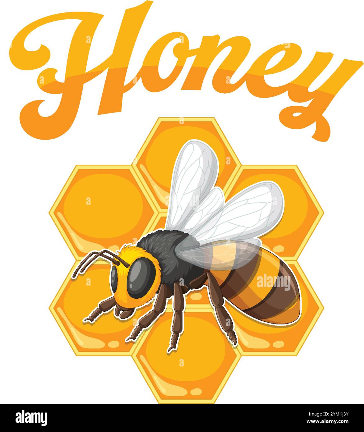 Abeille sur nid d'abeille avec texte « Honey » ci-dessus Illustration de Vecteur