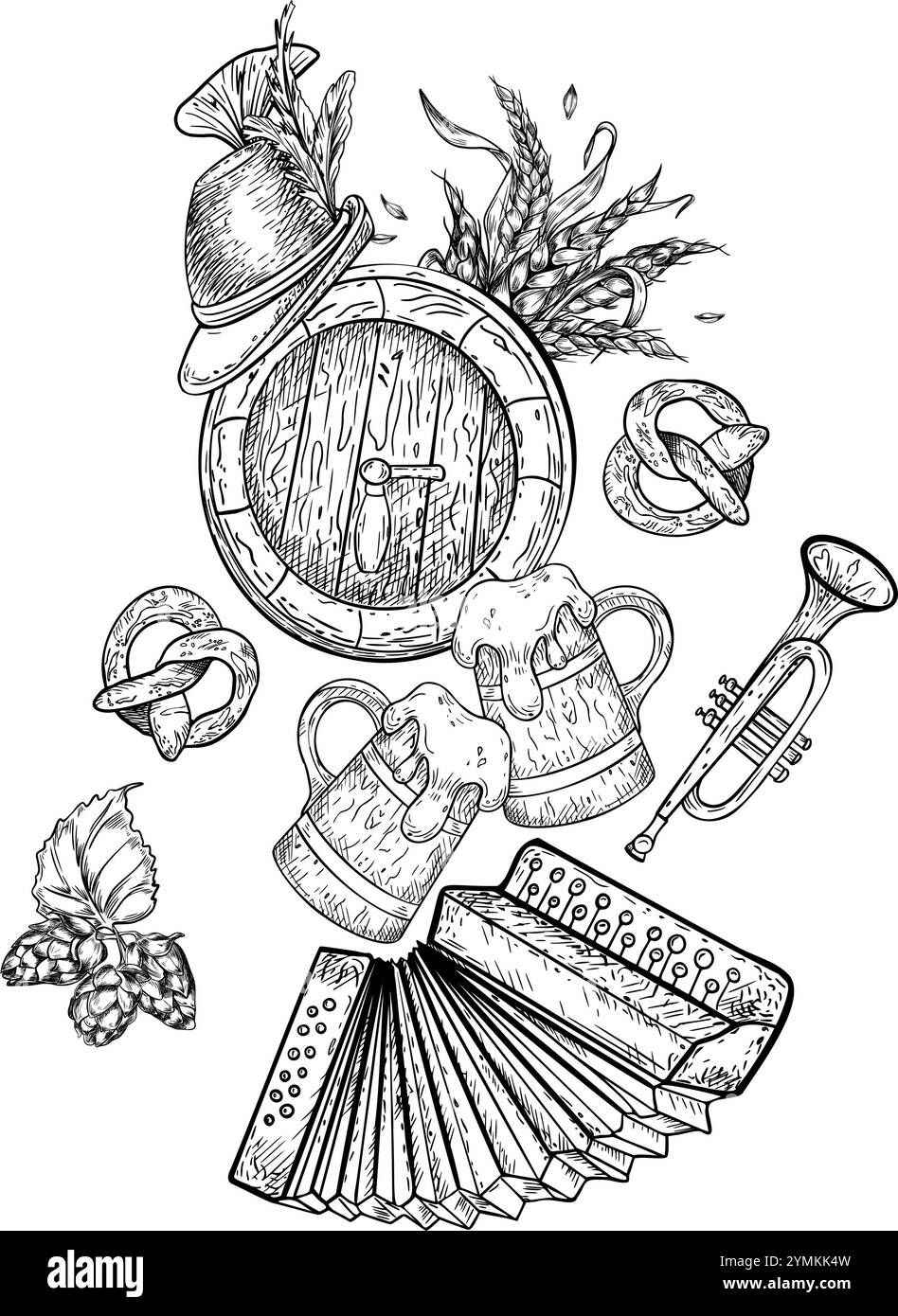 Illustration vectorielle Oktoberfest. Tonneau en bois, chapeau allemand, accordéon, cône houblon noir blanc art graphique isolé. Bretzel, oreilles de blé, trompette et Illustration de Vecteur