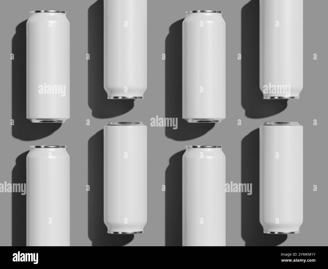 Canettes de boisson blanches 3D rendues maquette sur fond gris Banque D'Images