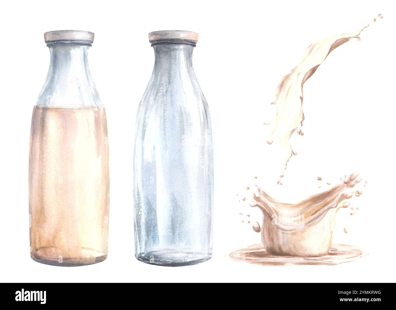 Bouteille de lait en verre avec lait coulant. Set de produits laitiers. Éclaboussures de liquides blancs, éclaboussures. Aquarelle illustration dessinée à la main. Clipart pour boisson Banque D'Images