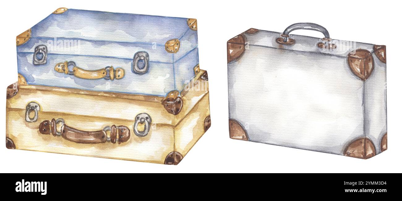 Ensemble d'illustration de valises dessinées à la main à l'aquarelle, clipart de bagages de voyage Banque D'Images