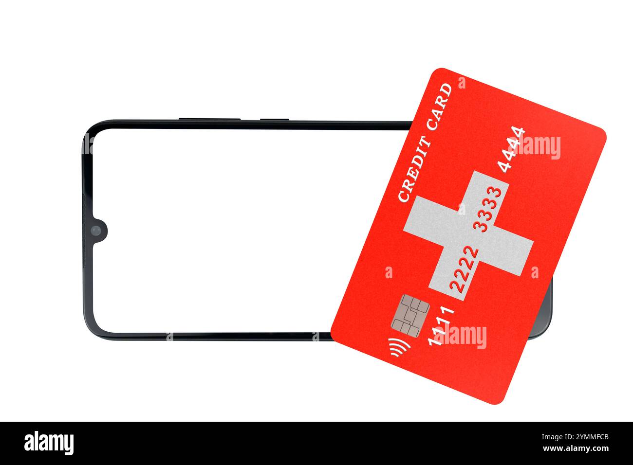 Carte de crédit en plastique avec image du drapeau suisse couché sur smartphone avec écran blanc sur fond blanc (gros plan). Concept de banque électronique et d'achat en ligne Banque D'Images