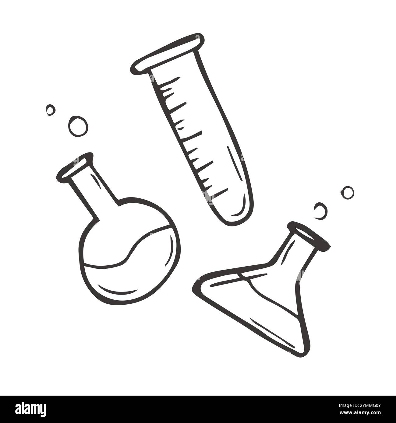 Kit de verrerie de laboratoire : fiole jaugée, fiole Erlenmeyer, fiole à fond rond, fiole Fernbach, boîte de Petri, tube à essai, cylindre gradué Illustration de Vecteur