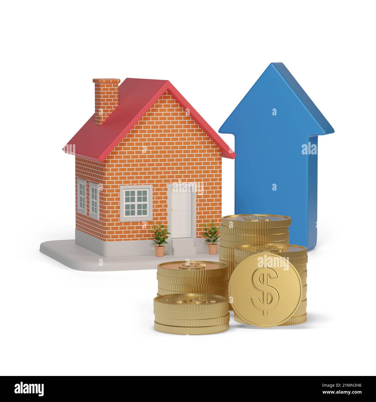Maison miniature à côté des pièces de monnaie avec le signe du dollar et la flèche montante isolé sur fond blanc. Concept d'investissement immobilier. illustration 3d. Banque D'Images