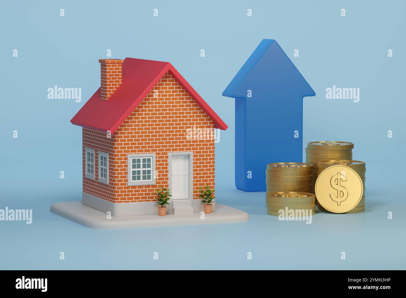 Maison miniature à côté des pièces de monnaie avec le signe du dollar et la flèche montante. Concept d'investissement immobilier. illustration 3d. Banque D'Images