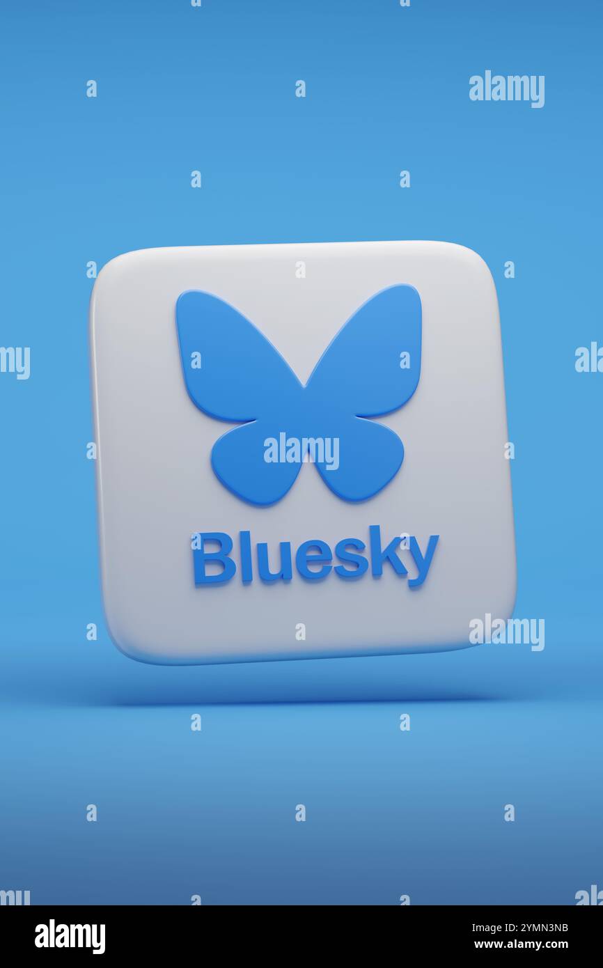 Buenos Aires, Argentine - 18 novembre 2024 : logo BlueSky avec texte en trois dimensions isolé sur fond bleu. illustration 3d. Banque D'Images