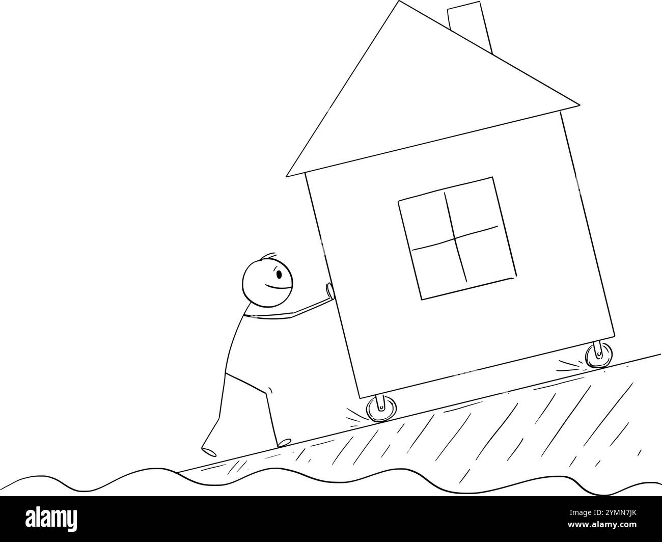 Personne poussant et déplace une maison de famille de l'inondation , figure de bâton de dessin animé vectoriel ou illustration de personnage. Illustration de Vecteur