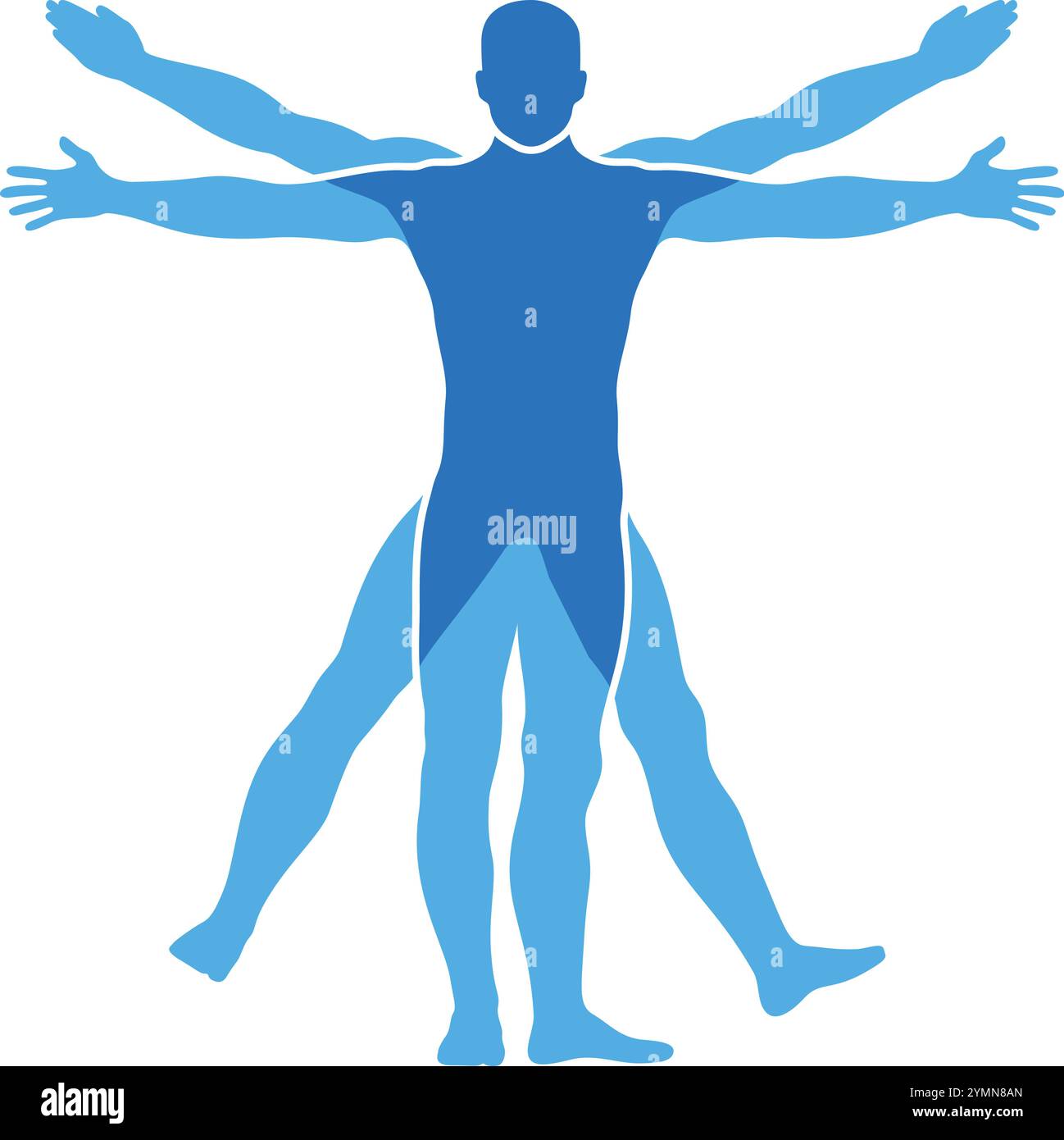 Symbole bleu du corps humain. Silhouette d'homme vitruvien isolée sur fond blanc Illustration de Vecteur