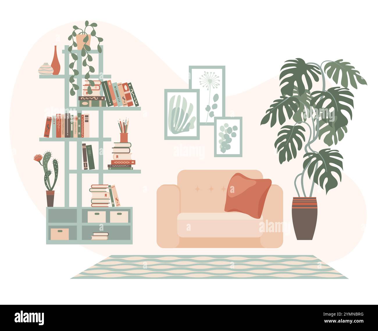 Collection de meubles pour la décoration intérieure moderne. Intérieurs confortables pour le repos et la détente. Articles de chambre d'appartement, décoration. Illustration de Vecteur