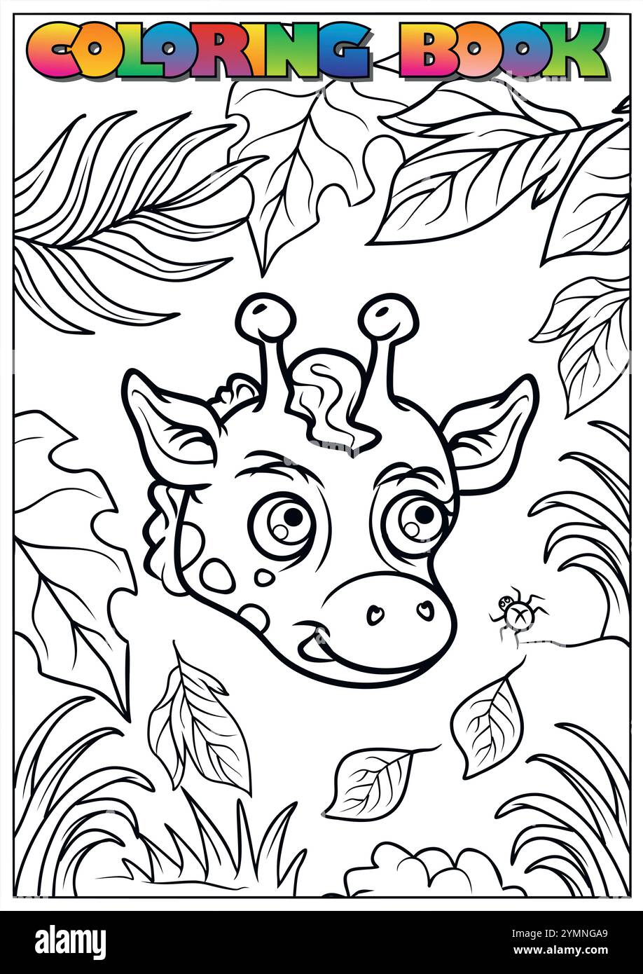 Adorable bébé girafe souriant dans le cadre de la jungle, une activité de coloration amusante pour les enfants Illustration de Vecteur
