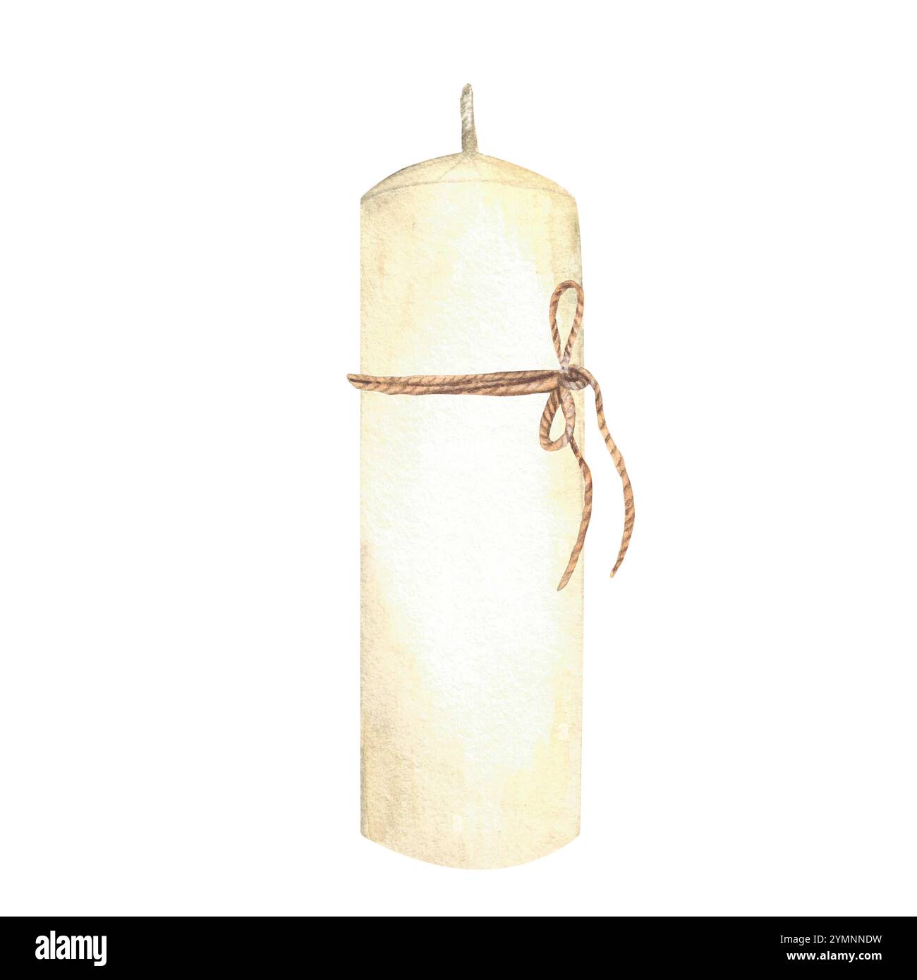 Bougie blanche avec un arc en corde de jute. Illustration aquarelle pour les fêtes religieuses de l'église, baptême, première communion, mariage, conception de carte de Noël Banque D'Images Bougie blanche avec un arc en corde de jute. Illustration aquarelle pour les fêtes religieuses de l'église, baptême, première communion, mariage, conception de carte de Noël Banque D'Images