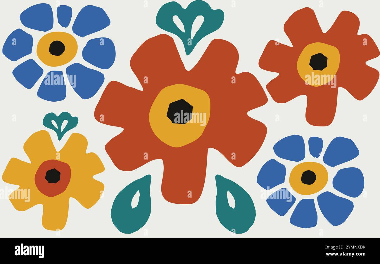 Fleurs colorées fleurs vecteur de conception, dans le style de Michael Deforge, figures isolées, paysage abstrait, marques spontanées Illustration de Vecteur