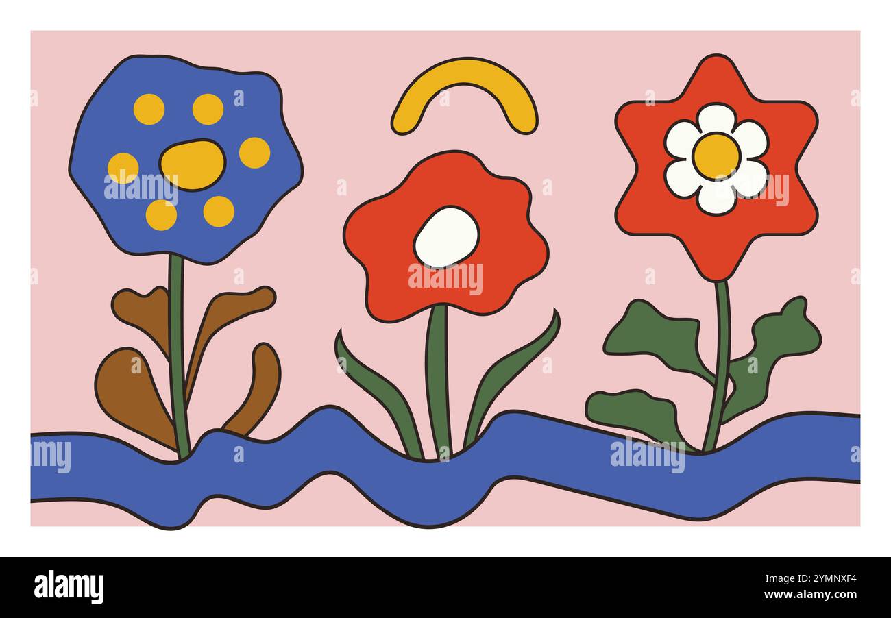 Fleurs colorées fleurs vecteur de conception, dans le style de Michael Deforge, figures isolées, paysage abstrait, marques spontanées Illustration de Vecteur