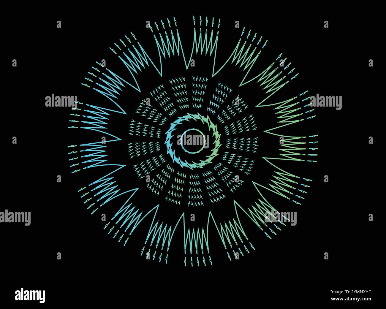Mandala coloré sur fond noir. Design abstrait de Mandala bleu et vert avec lignes radiales et motifs spiralés. Circulaire géométrique Mandala Art Illustration de Vecteur