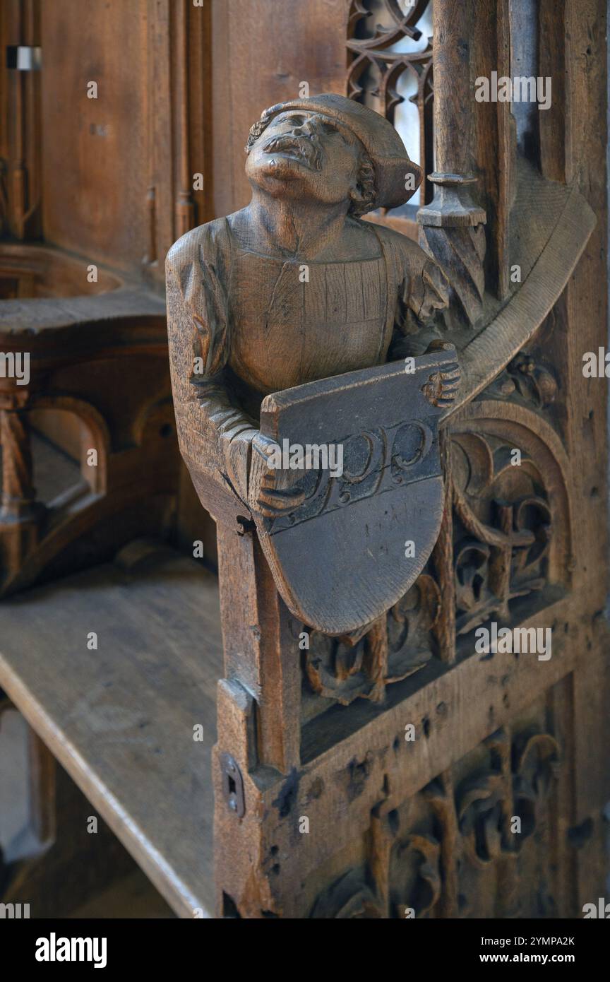 Figure sur les stalles du chœur gothique tardif de 1507, St Martin, Memmingen, Bavière, Allemagne, Europe Banque D'Images