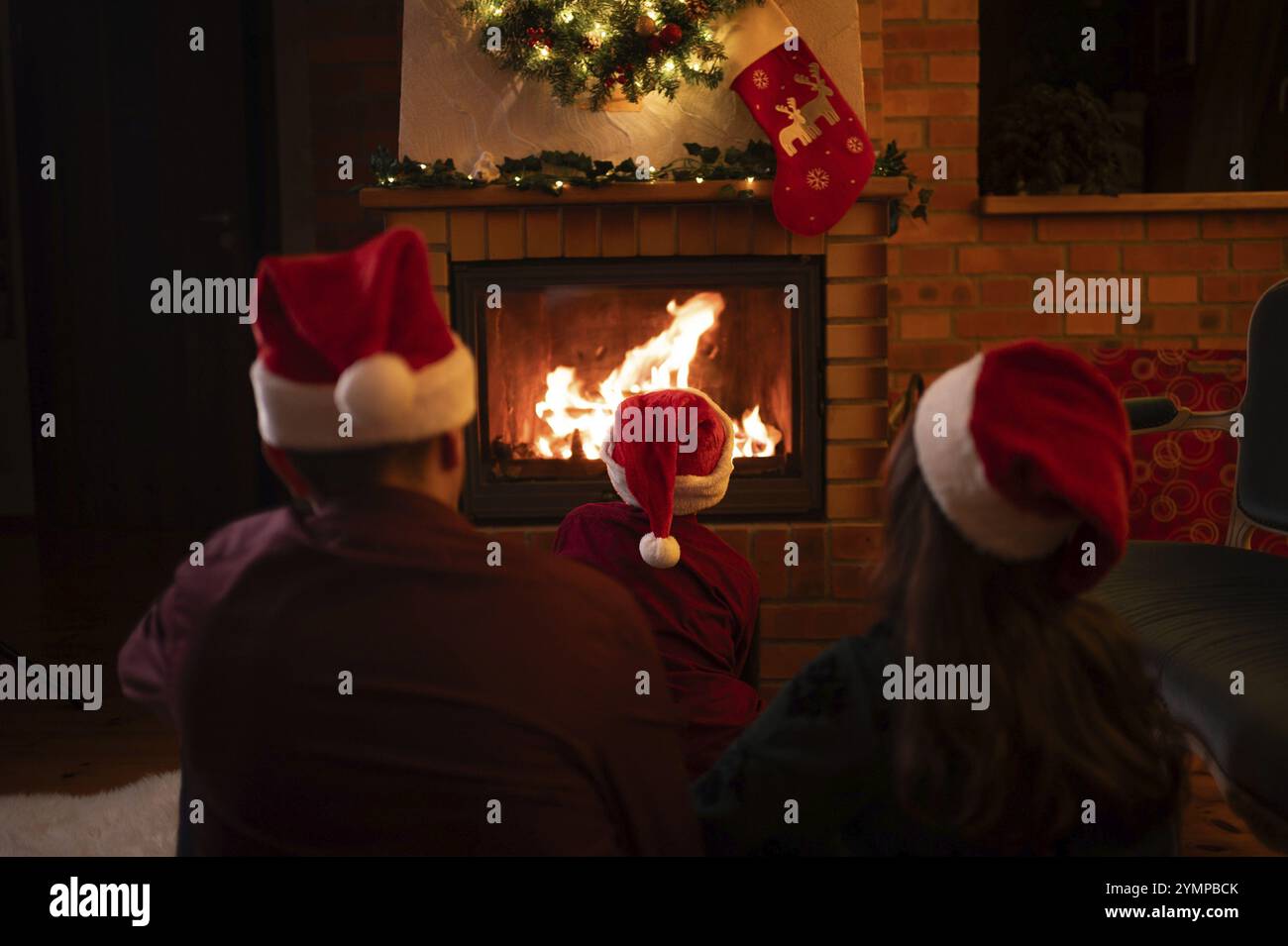 Famille portant des chapeaux de Père Noël assis devant la cheminée. Pologne Banque D'Images