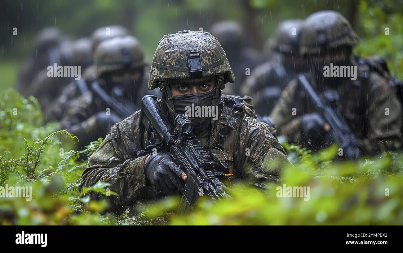 Groupe de soldats en tenue de camouflage se déplaçant furtivement à travers une forêt pluvieuse Banque D'Images