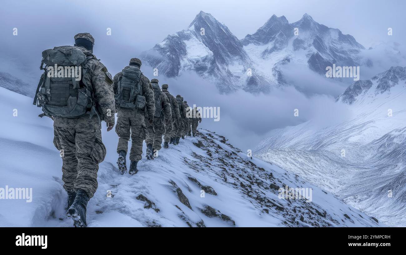 Une ligne de soldats monte un sentier de montagne enneigé sous un ciel nuageux Banque D'Images