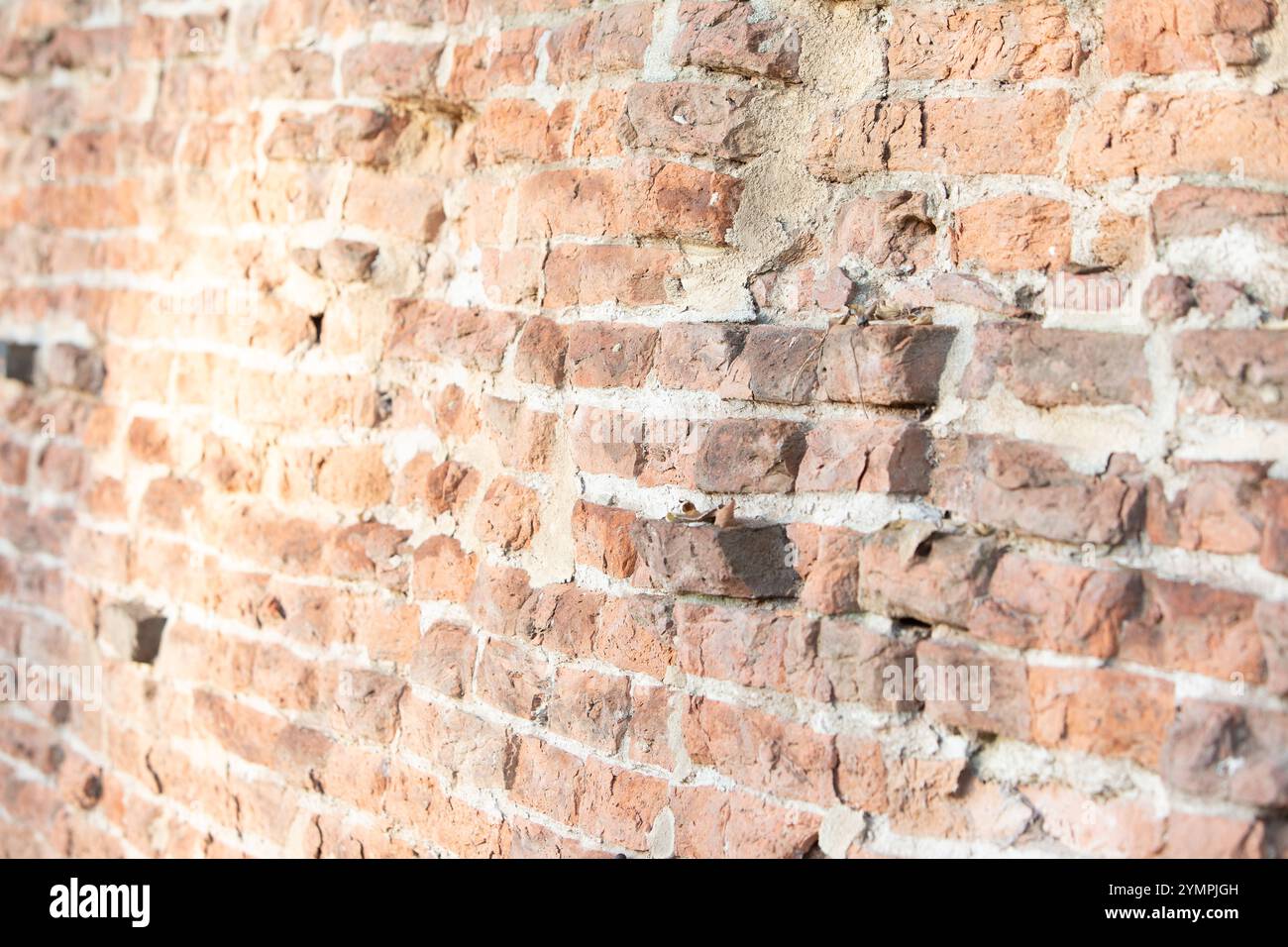 Gros plan d'un vieux mur de briques altérées avec du mortier en ruine et des briques endommagées, créant un fond rustique et texturé Banque D'Images