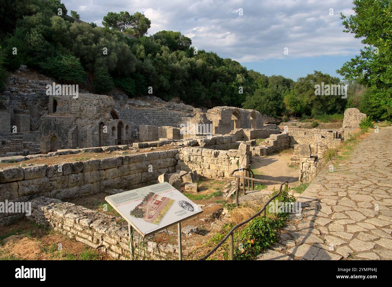 Sanctuaire d'Asclépius à Butrint et panneau d'information, Albanie Banque D'Images