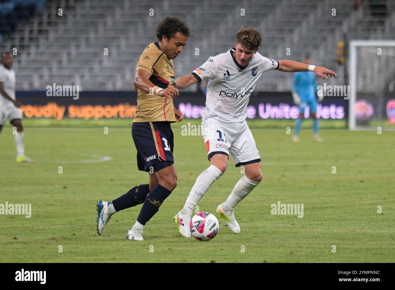 Paddington, Australie. 22 novembre 2024. Dane James Ingham (G) du Newcastle jets FC et Lucas Alexander Mauragis (d) du Central Coast Mariners FC vus en action lors du match de la cinquième ronde de la saison 2024-25 d'Isuzu UTE entre Newcastle jets FC et Central Coast Mariners FC tenu au stade Allianz. Score final Newcastle jets 1:2 Central Coast Mariners (photo Luis Veniegra/SOPA images/Sipa USA) crédit : Sipa USA/Alamy Live News Banque D'Images