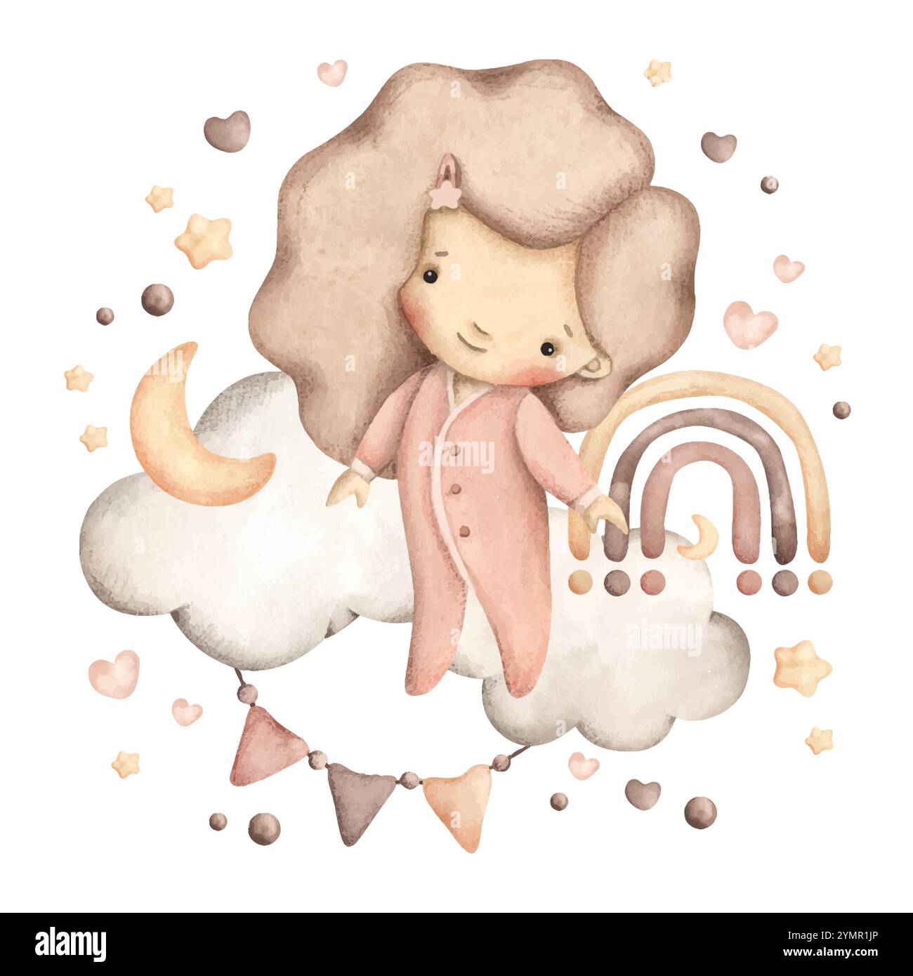 Aquarelle zodiaque illustration dessinée à la main avec petite Vierge sur un nuage avec des étoiles, arc-en-ciel et lune. Petite fille de dessin animé mignon en rose pour les enfants. Illustration de Vecteur