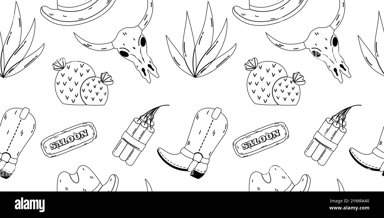 Motif sans couture noir et blanc avec des motifs Wild West, y compris des bottes de cow-boy, des cactus et des enseignes de saloon. Illustration de Vecteur