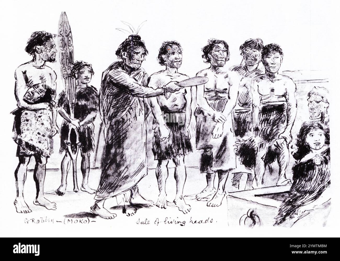 Le commerce des têtes tatouées conservées de guerriers maoris est devenu une chose régulière au début des années 1800 Certains chefs auraient fait tatouer des esclaves spécifiquement pour créer des têtes pour le commerce à Sydney, mais Samuel Marsden a fait pression pour interdire les ventes en Nouvelle-Galles du Sud. Dans cette scène, le général Robley montre la scène réelle d'un chef mécontent demandant à un capitaine de navire de choisir les têtes qu'il veut parmi un groupe d'esclaves vivants. Banque D'Images