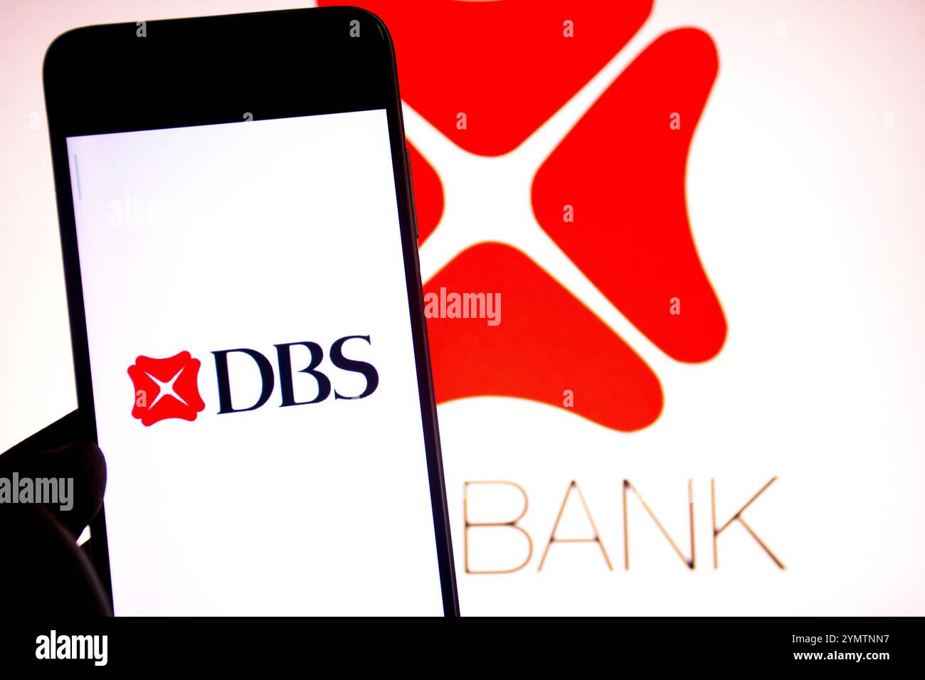 Inde. 19 novembre 2024. Dans cette illustration photo, un logo DBS est affiché sur un smartphone avec un logo DBS Bank en arrière-plan. (Photo par Avishek Das/SOPA images/SIPA USA) *** strictement à des fins d'actualités éditoriales *** crédit : SIPA USA/Alamy Live News Banque D'Images