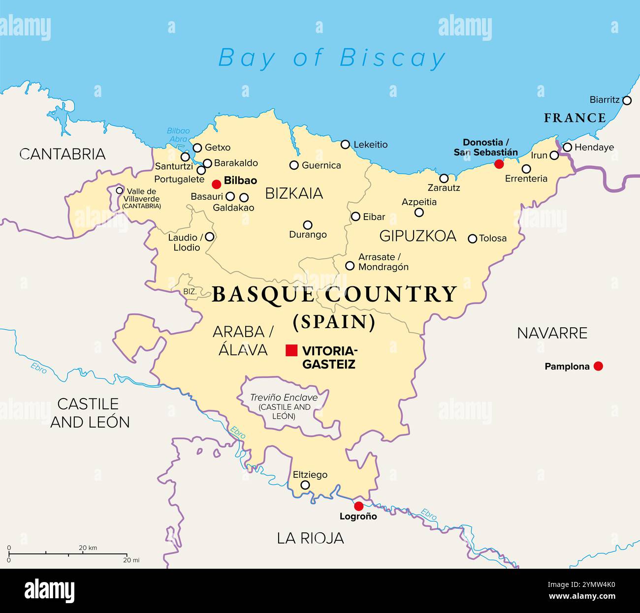 Pays Basque, Euskadi, carte politique avec la capitale Vitoria-Gasteiz et la plus grande ville Bilboa. La Communauté autonome basque dans le nord de l'Espagne. Banque D'Images