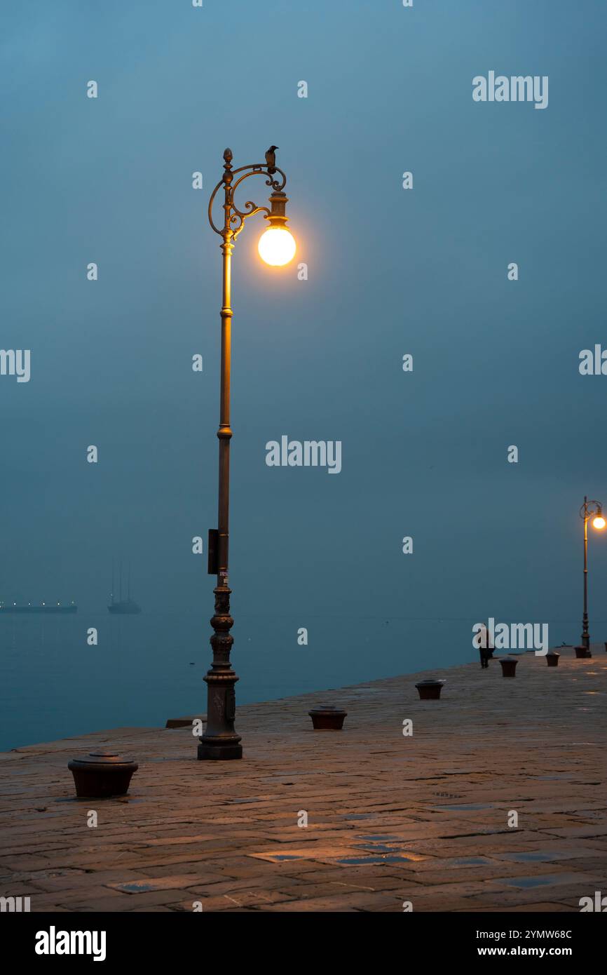 Vue tôt le matin sur Molo audace, avec lanterne de rue illuminée, Trieste, Italie 03.01.2024 Banque D'Images