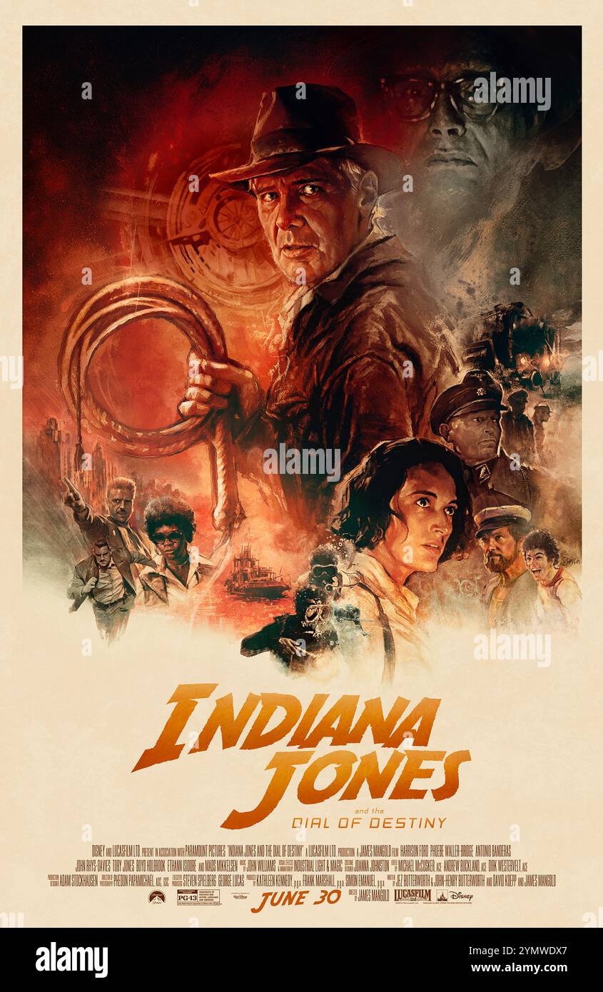 Indiana Jones et le cadran du destin (2023) réalisé par James Mangold et mettant en vedette Harrison Ford dans le rôle de l'archéologue Indiana Jones qui court contre la montre pour récupérer un artefact légendaire qui peut changer le cours de l'histoire. Affiche US Advance présentant des œuvres de Tony Stella ***USAGE ÉDITORIAL SEULEMENT ***. Crédit : BFA / Walt Disney Studios Banque D'Images