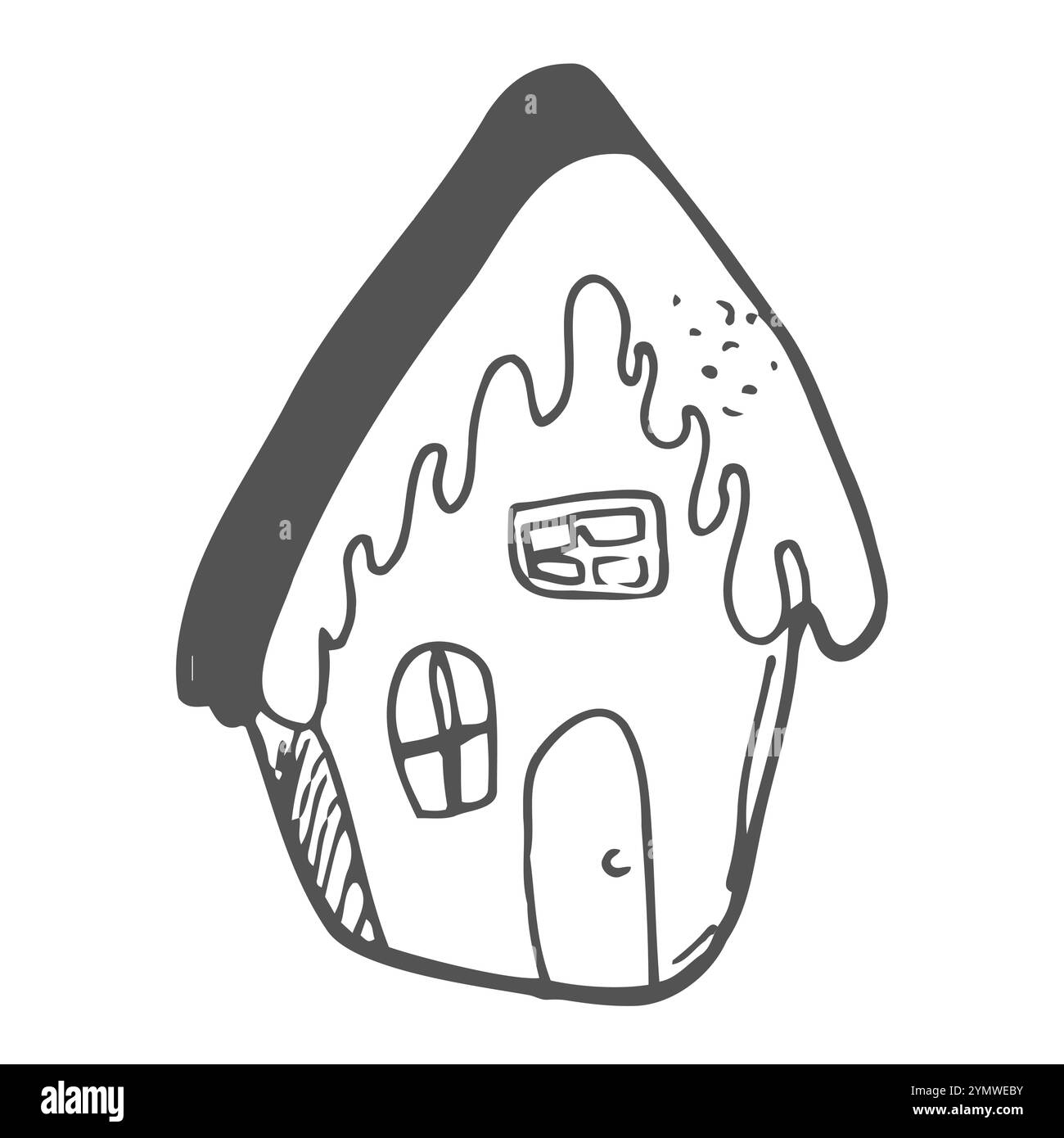 Maisons de pain d'épice dessinées en ligne, biscuits, bonbons et gâteries de Noël, biscuits de pain d'épice en forme de maison de pain d'épice avec des décorations, maisons de conte de fées Illustration de Vecteur