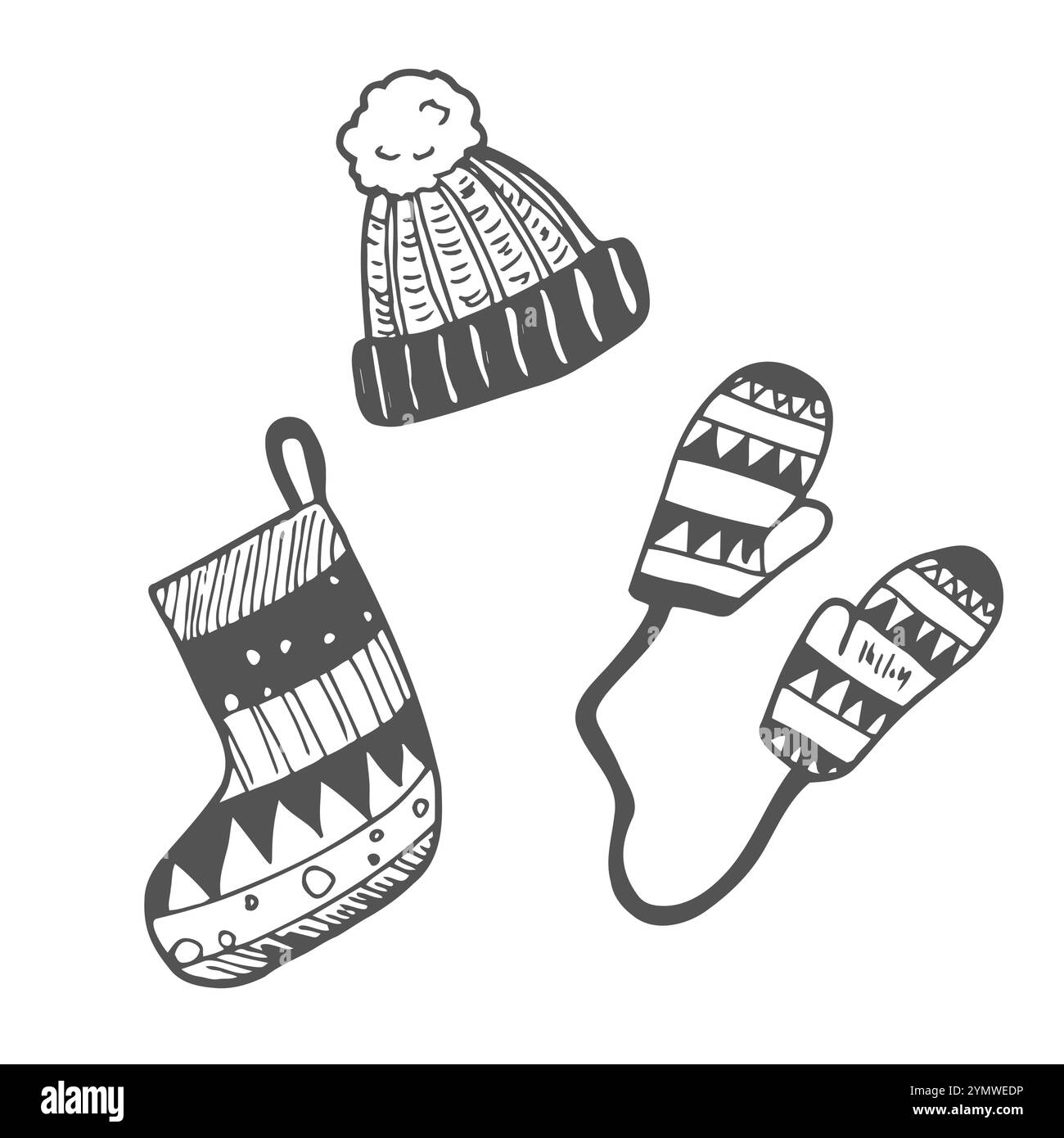 Ensemble de vêtements d'hiver dessinés à la main et accessoires chapeau, moufles, chaussettes. Croquis de doodle pour les enfants, conception de Noël. Illustration de Vecteur