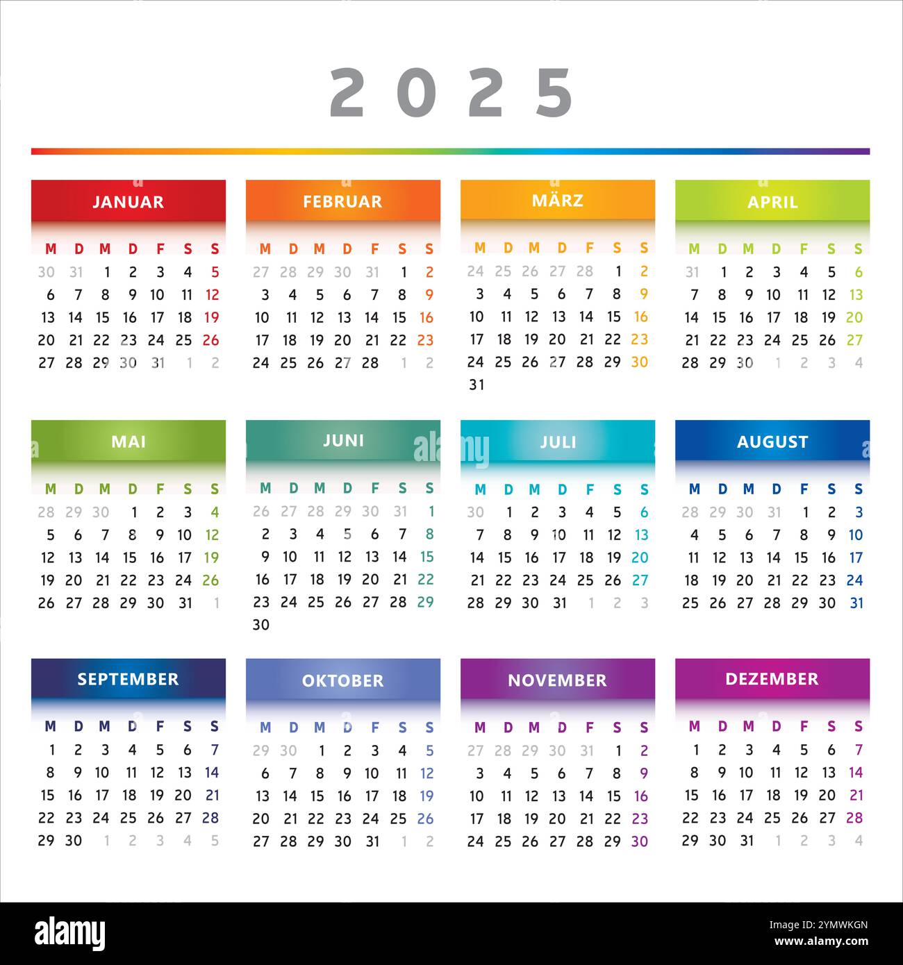 Calendrier 2025 avec des boîtes en couleurs arc-en-ciel 4 colonnes - Allemand Illustration de Vecteur