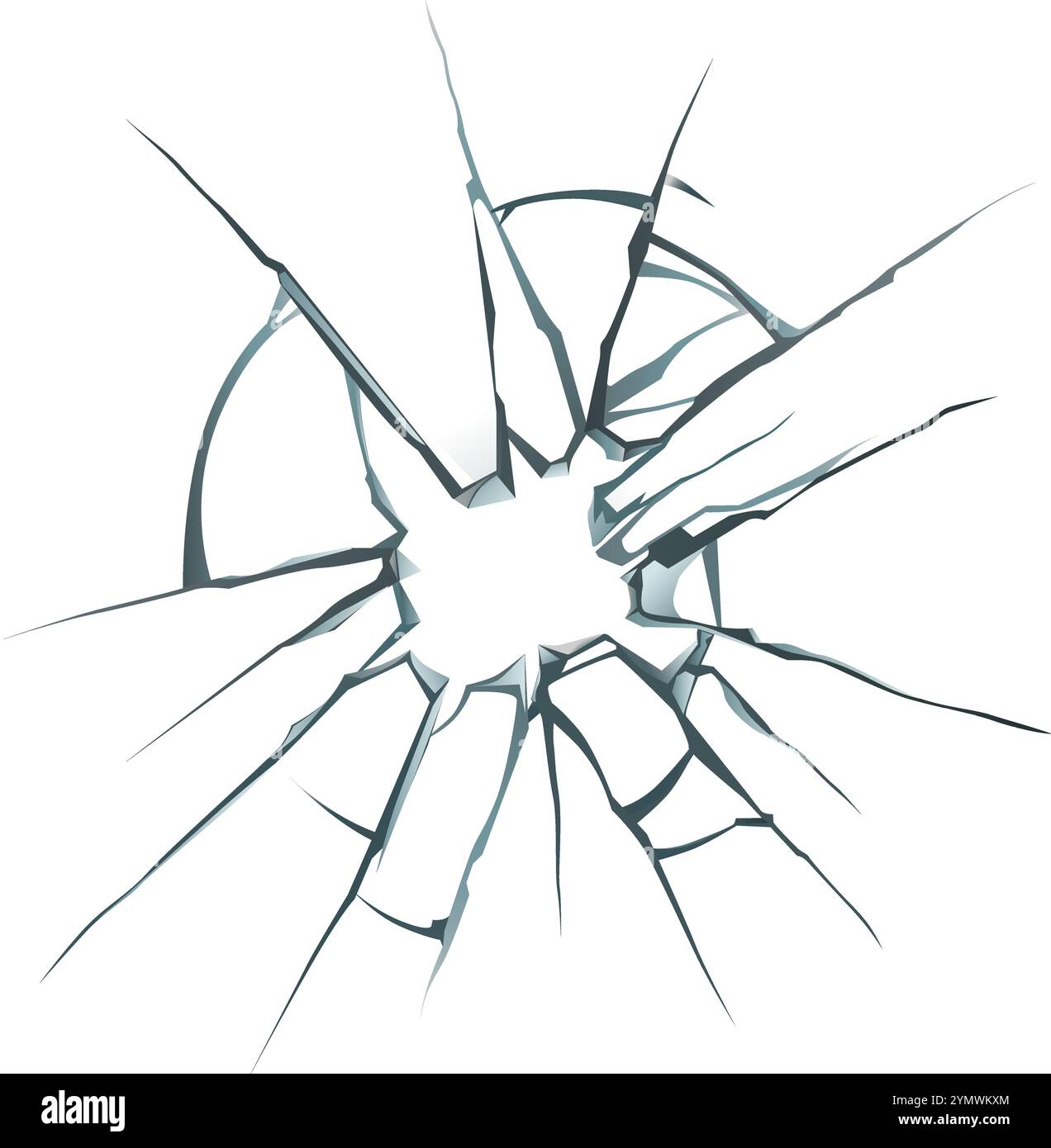 Verre brisé avec des fissures radiales émanant d'un trou central, créant un effet visuel dramatique sur un fond blanc, adapté à divers Illustration de Vecteur