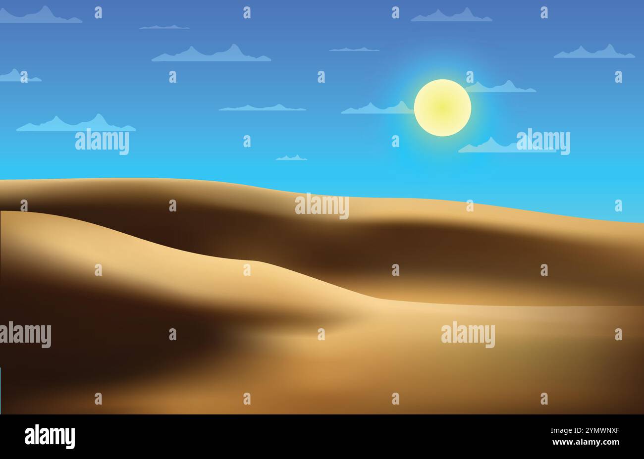 paysage désertique ensoleillé, où les sables brillent sous le soleil et les nuages dans le ciel Illustration de Vecteur