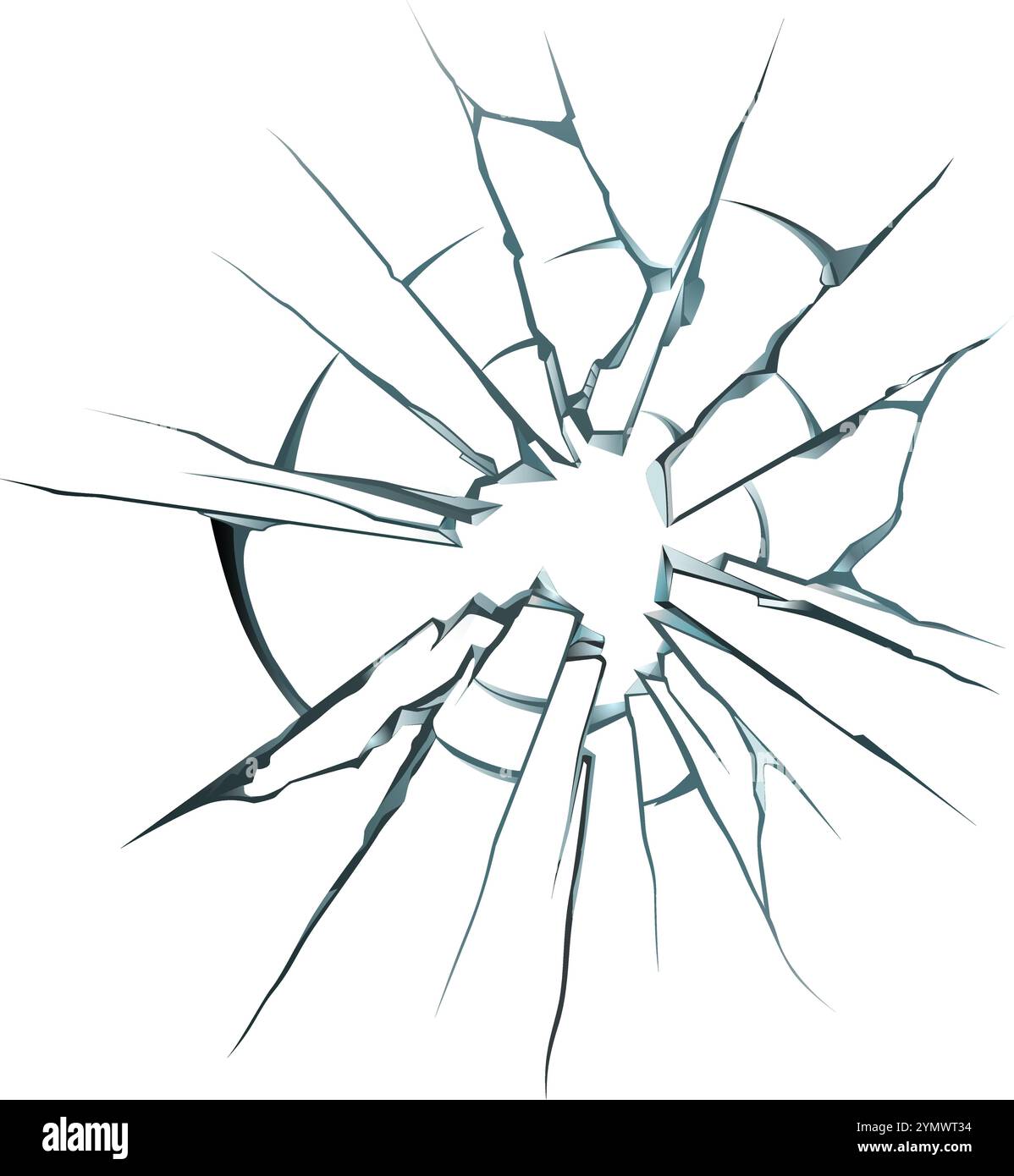 Le verre fissuré avec un trou au centre rayonne des fissures vers l'extérieur, créant un effet visuel dramatique sur un fond blanc propre, parfait pour Illustration de Vecteur