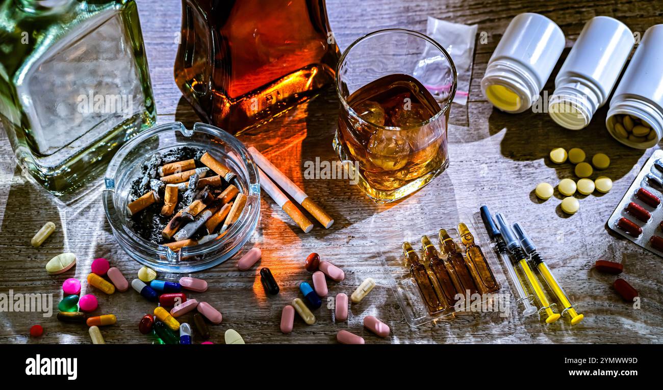 Les substances addictives, y compris l'alcool, les cigarettes et les drogues. Banque D'Images