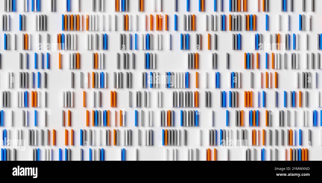 Rangées de cubes ou de boîtes bleus, blancs et oranges sur fond blanc, visualisation abstraite de données minimales modernes, informatique, recherche ou bus Banque D'Images