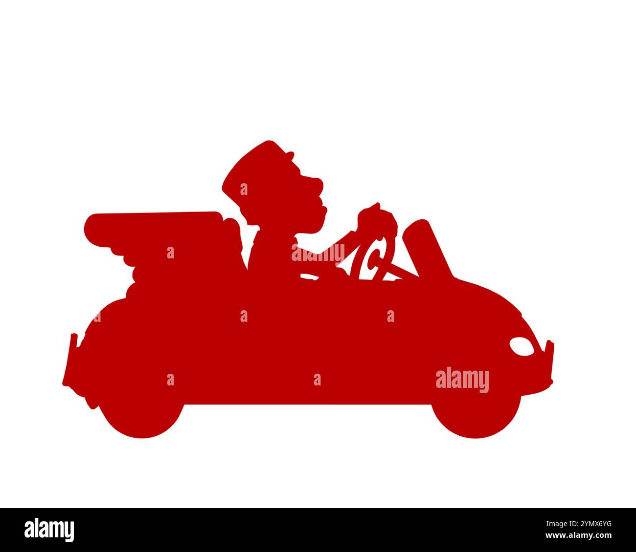 Silhouette d'un homme conduisant une voiture rouge. Image vintage de livreur ou chauffeur de taxi. Banque D'Images
