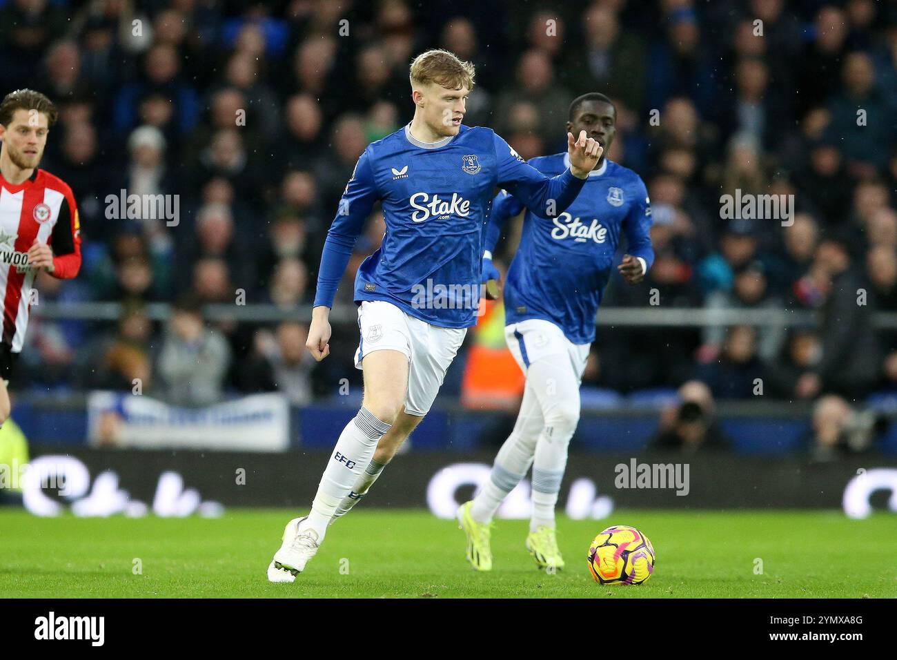 Liverpool, Royaume-Uni. 23 novembre 2024. Jarrad Branthwaite d'Everton en action. Premier League match, Everton v Brentford au Goodison Park à Liverpool le samedi 23 novembre 2024. Cette image ne peut être utilisée qu'à des fins éditoriales. Usage éditorial exclusif, photo de Chris Stading/Andrew Orchard photographie sportive/Alamy Live News crédit : Andrew Orchard photographie sportive/Alamy Live News Banque D'Images